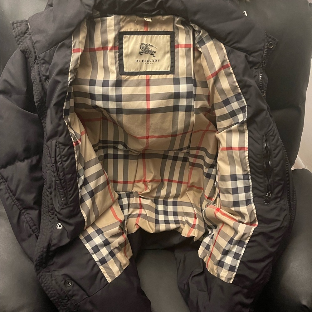 Burberry Black Coat with Fur Hood and Check Interior